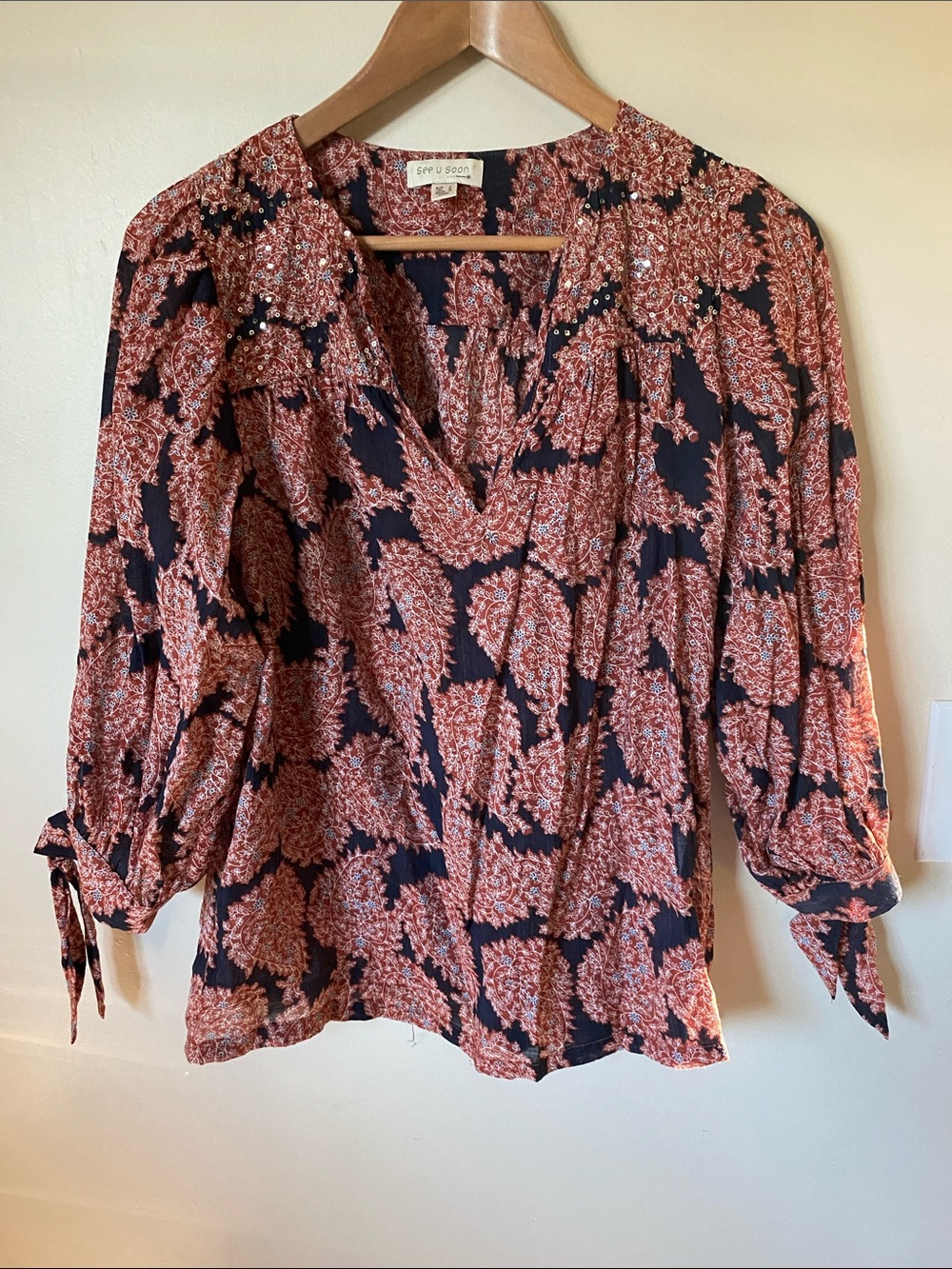 See You Soon blouse paisley with sequened shoulder V-Neck Tie-Sleeve Blouse